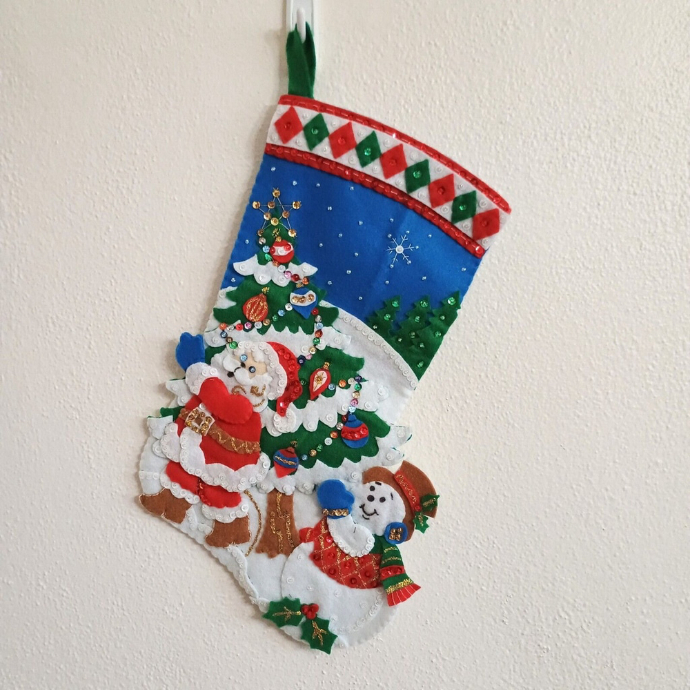 FINISHED Bucilla Felt Christmas Stocking Handmade Pick A Tree Santa Claus